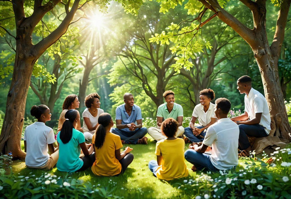 A nurturing scene depicting a diverse group of people engaged in supportive conversations, surrounded by nature symbolizing growth and transformation. Light filters through vibrant green trees, creating a warm, inviting atmosphere. Incorporate elements of community, such as hands joined together and symbols of emotional well-being like hearts and flowers. Illustrate a harmonious balance between nature and human connection. super-realistic. vibrant colors. soft focus.