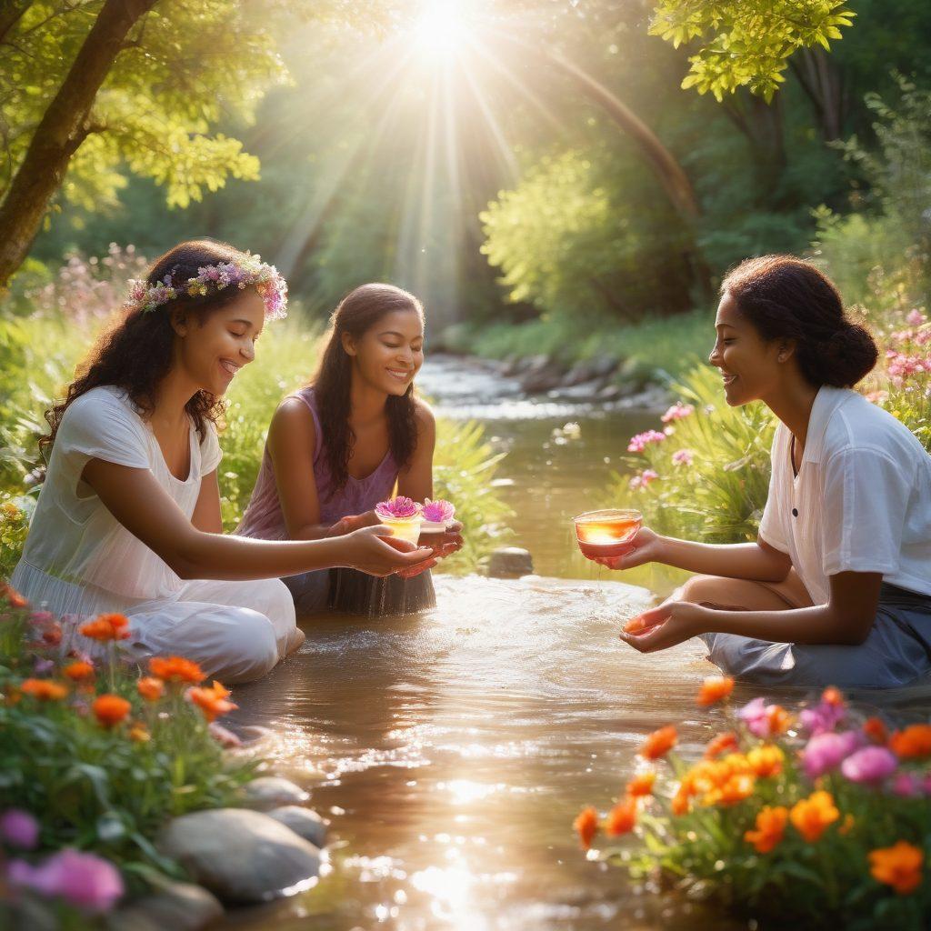 A peaceful scene depicting a diverse group of people engaged in acts of kindness, such as sharing food and helping each other, surrounded by nature with vibrant flowers and soft sunlight filtering through trees. Their expressions radiate warmth and connection, emphasizing the theme of compassion in everyday life. Enhance the backdrop with gentle flowing water to symbolize healing and harmony. vivid colors. soft focus.