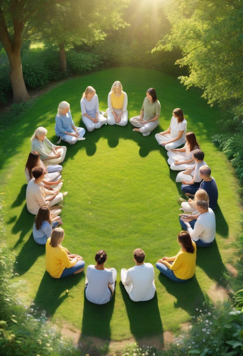 A serene nature scene featuring a diverse group of individuals practicing mindfulness together in a lush green park. They are seated in a circle, radiating warmth and compassion, while soft sunlight filters through the trees above. Incorporate symbols of healing, like gentle butterflies and blooming flowers, to enhance the atmosphere. An inviting, peaceful color palette of greens, yellows, and soft pastels creates a soothing backdrop. super-realistic. vibrant colors.